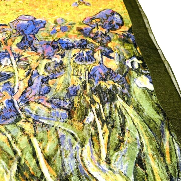 VTG Vincent Van Gogh Silk Scarf Irises Purple Orange Green Lightweight 60x20” - Picture 8 of 8
